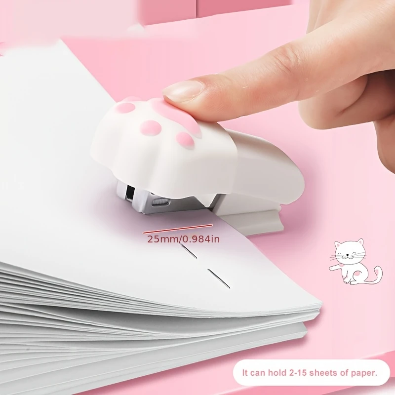 Mini Engrapadora con Diseño de Pata de Gato, Engrapadora en Colores Rosa, Azul y Blanco con Grapas, Engrapadora Pequeña y Bonita para Escritorio, Regalo para Estudiantes o Uso en Oficina