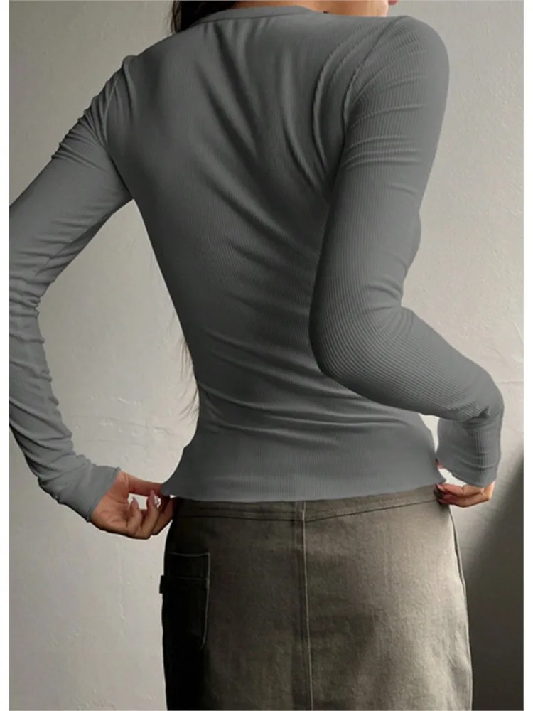 Lady Black White T Shirt Top Casual Slim Long Sleeve Button Pullover Tshirts Tops For Women Casual Sports Womens Clothing Spring