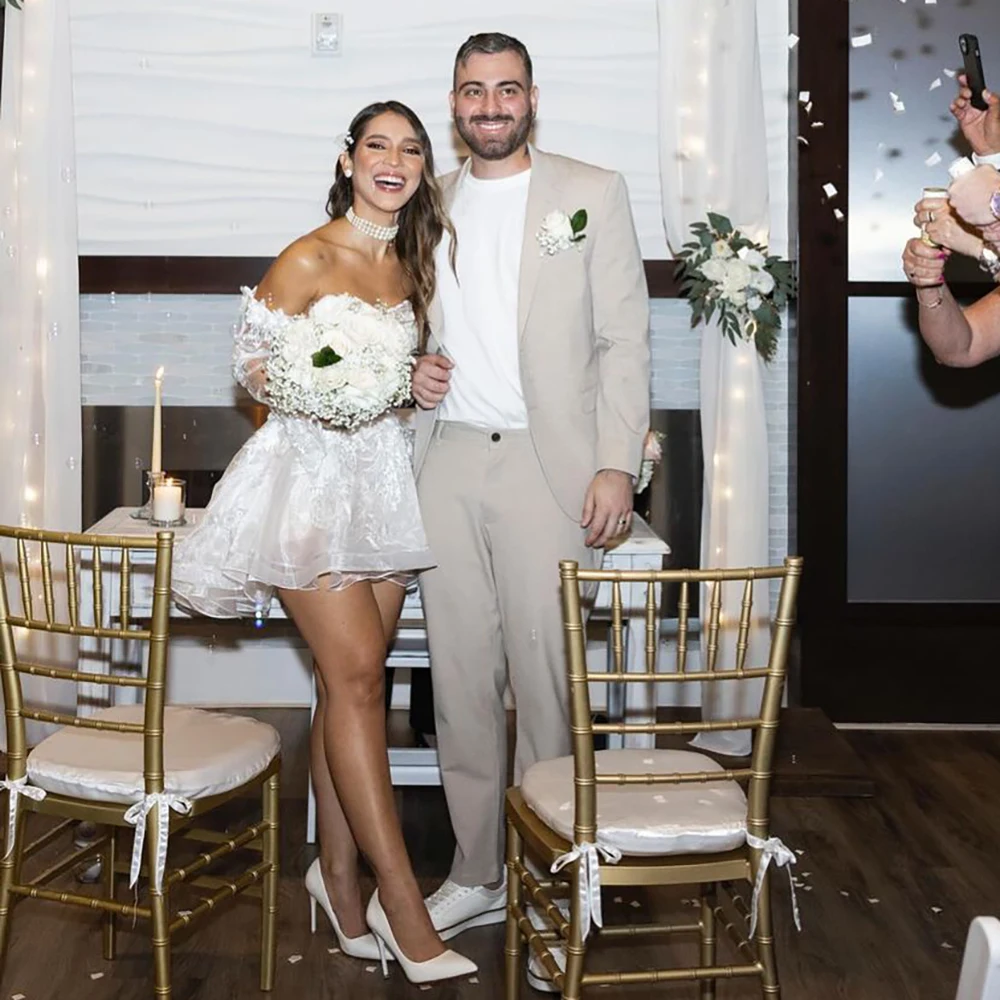 فستان زفاف دانتيل قصير حلو، رومانسي مزين بأكمام طويلة بدون أكتاف، أورجانزا لامعة مخصصة، فساتين زفاف من قطعتين