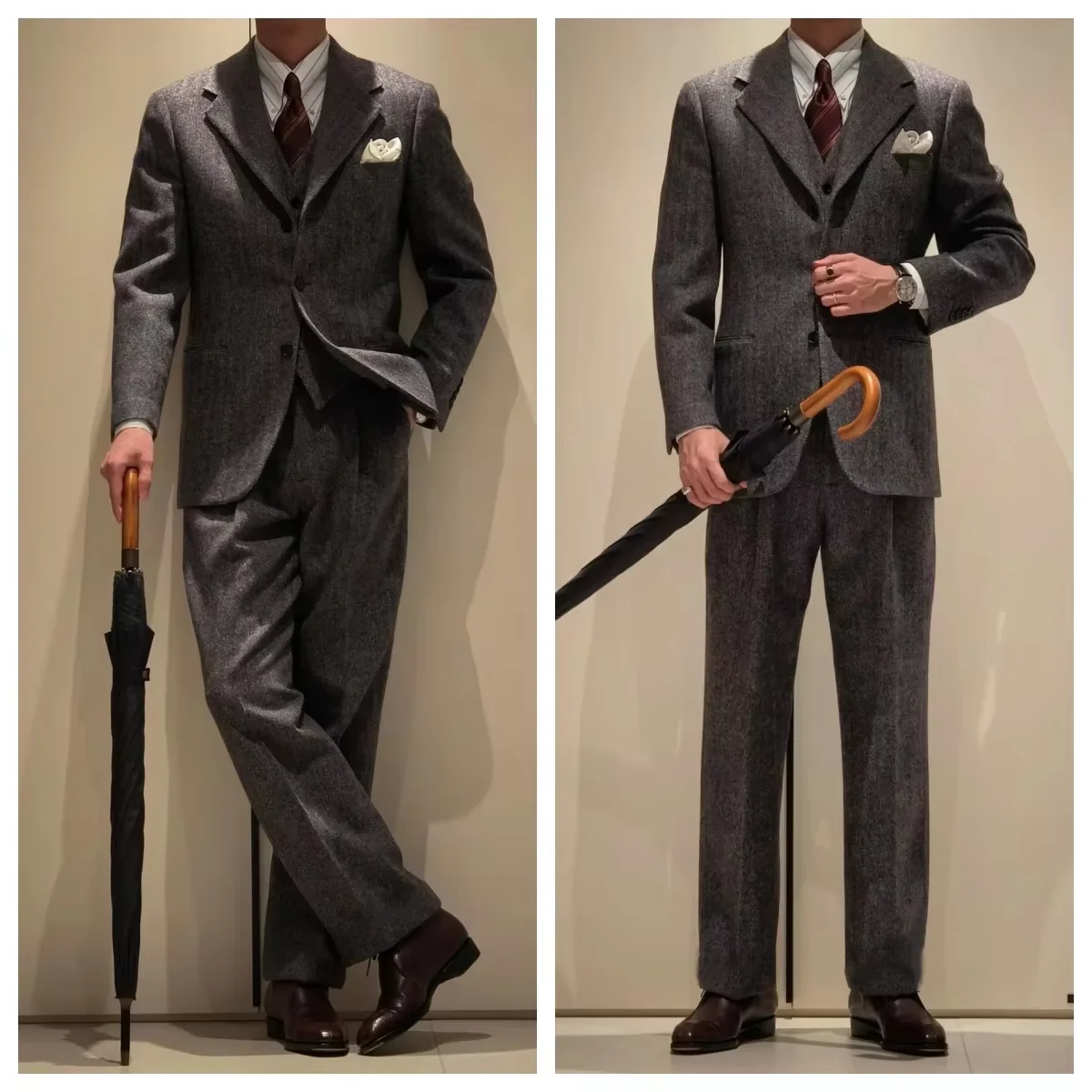 الرجعية متعرجة الرجال السترة الدعاوى الخريف الشتاء واحدة الصدر 3 قطعة مجموعة سترة سترة بانت سميكة نمط معاطف سهرة رسمية