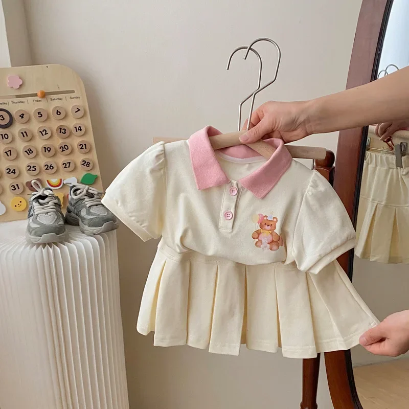 Children's Clothing Sets 2023 Kids Clothes Girls Bear Print Lapel T-shirt Pleated Skirt 2pcs Girl Clothes Baby Girl Outfit Set