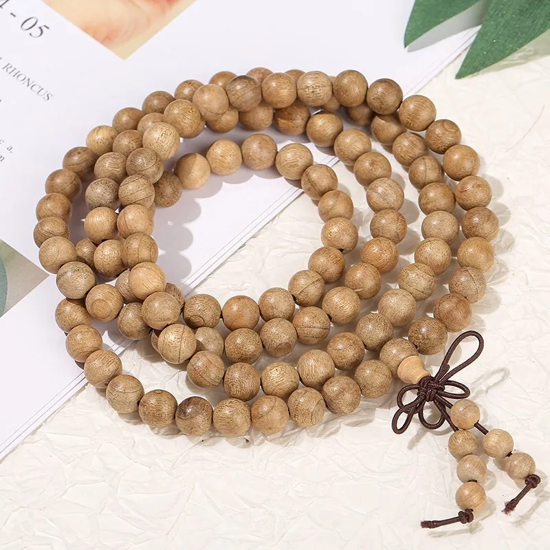 JD Natural Light Golden Silk Sandalwood Buddha Bead Multilayer Bracelet Women Men Mala Prayer Hand String Meditation Jewelry