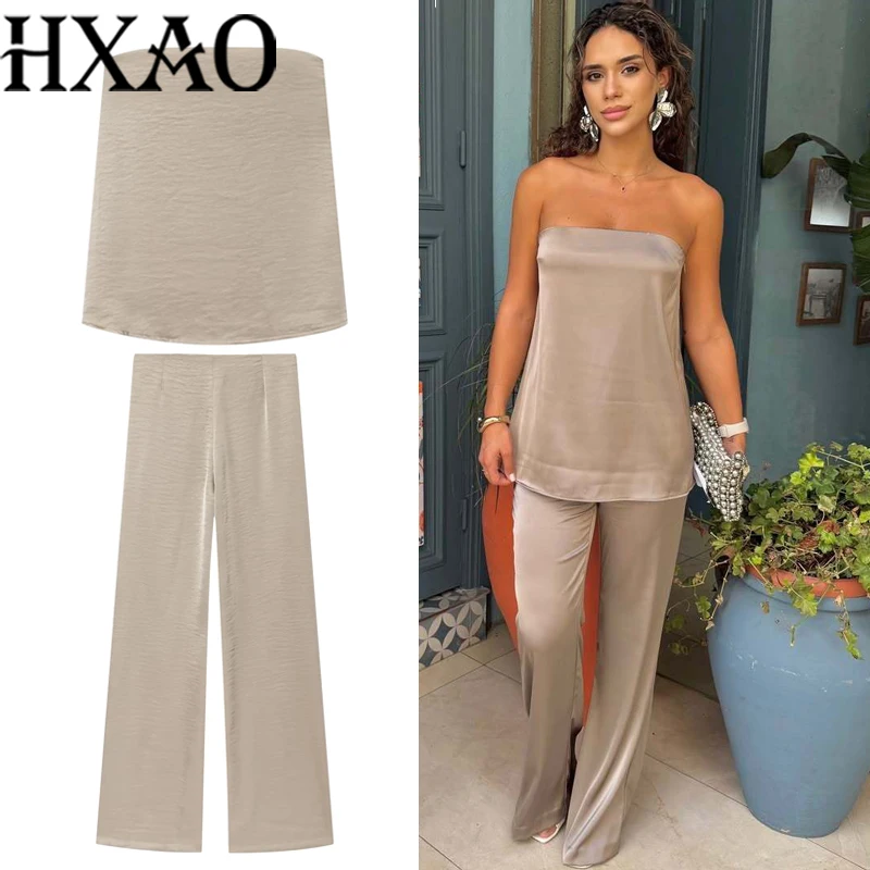 HXAO комплекты широких брюк, летний женский костюм, корсет без бретелек, топ, атласные брюки, женские комплекты из 2 предметов с открытой спиной, сексуальные элегантные комплекты из двух предметов