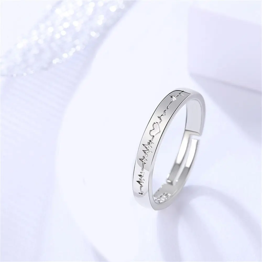 قابل للتعديل هدية عيد ميلاد الزفاف أسود فضي اللون زوجين خواتم القلب مخطط القلب الكهربائي عيد الحب #5