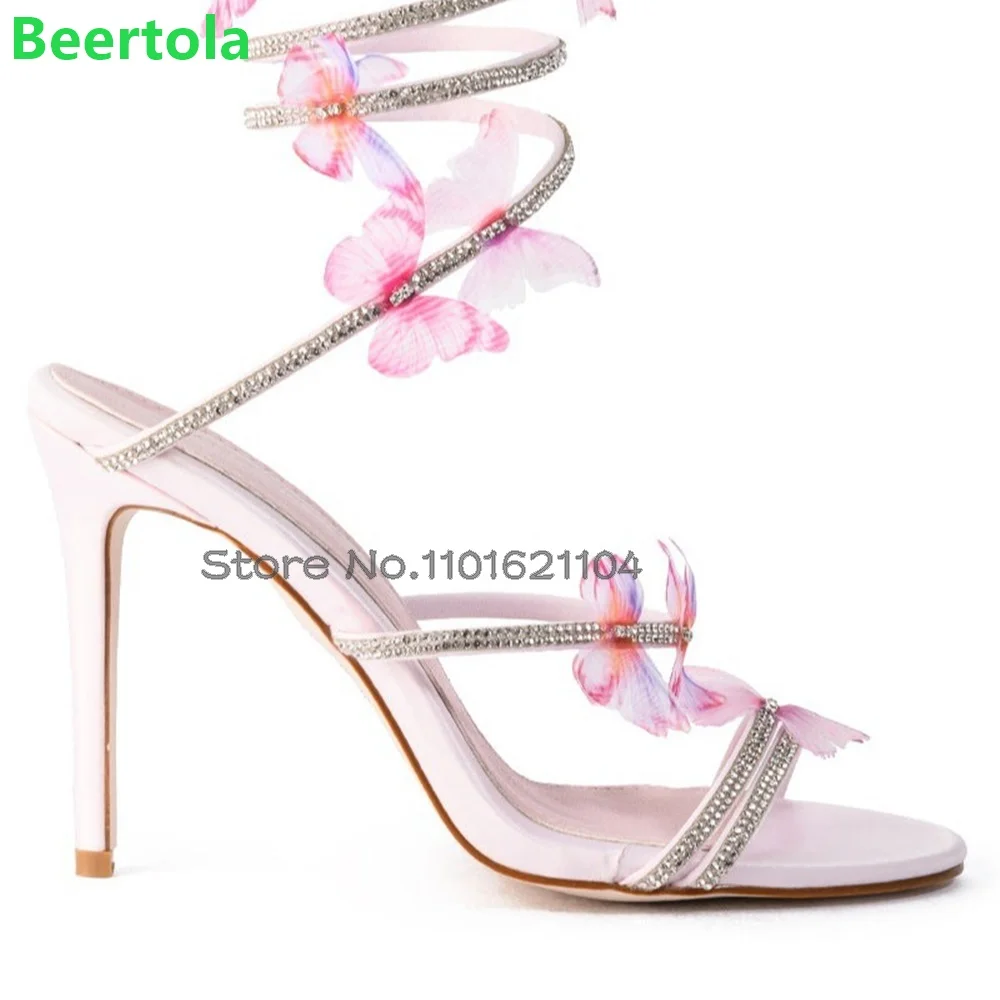 Pink Butterfly-knot Thin High Heel Sandals For Female Women Round Toe Ankle Wrapping Straps Slingback 2024 New Luxury Sweet Shoe