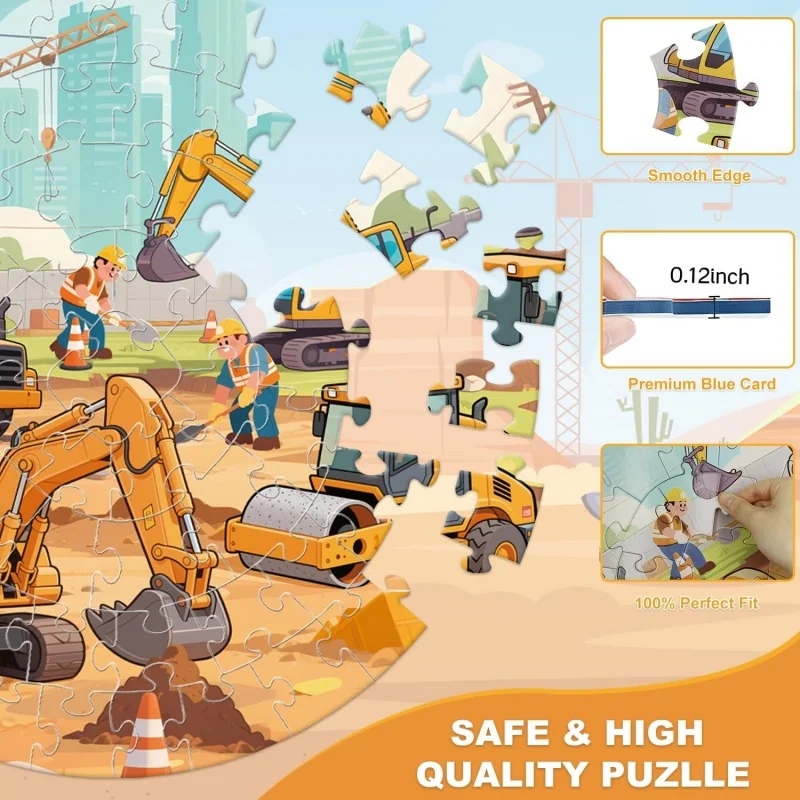Bodenpuzzles für Kinder, 70-teiliges Baustellen-Puzzle mit Bagger, Bulldozer, Gabelstapler, Kipper, Lernspielzeug