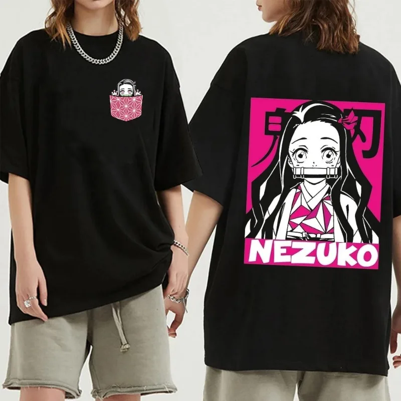 Japanese Anime Demon Slayer Women's T Shirt Nezuko Tshirt Female Tanjirou Kamado Graphic Tee Shirt Manga Y2k Black T-shirt Kwaii