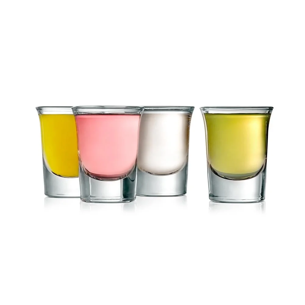 Elegant 4 Pack Clear Shot Glasses Thermal Shock Resistant Durable Shatterproof Easy to Clean Stable Base Perfect Whiskey Vodka
