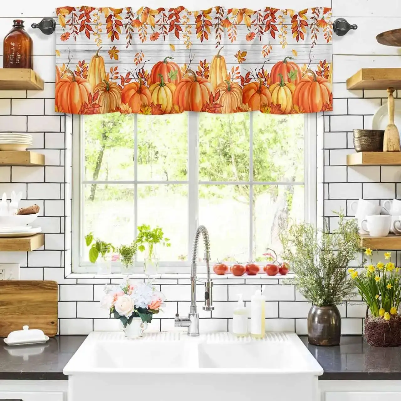 2 Pack Kitchen Valance Curtains  Pumpkin Thanksgiving Autumn Leaf  Country Orange Window Curtains 54x18 inches, Short Curtains