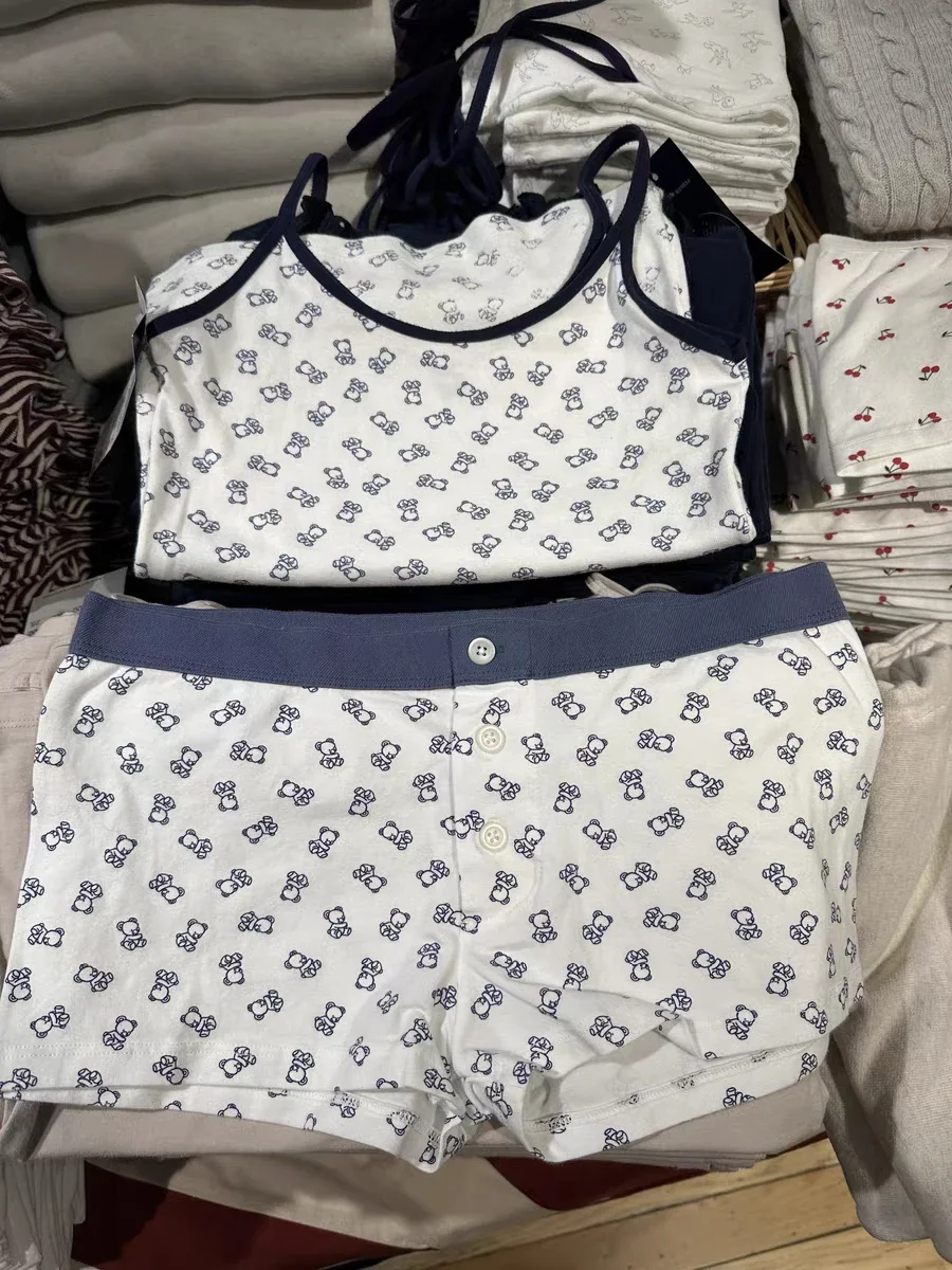Little Bear Vest Shorts Pajama Set Women Slim Tank Tops+Patchwork Straight Boxer Short Pants Sweet Home 2 Piece Sets
