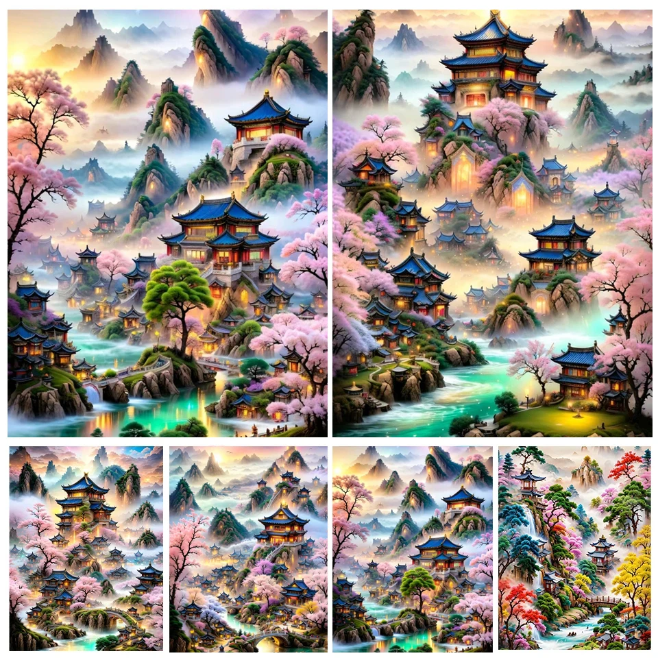 Landscape DIY Diamond Painting Full Diamond House Tree Bridge Mosaic Handmade Inlaid Water Diamond Embroidery Home Decor FF2072