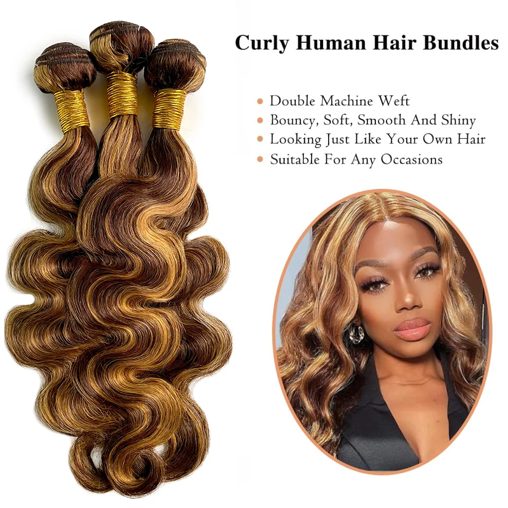 Bundles de cheveux humains Body Wave pour femme, blond miel, vrais faisceaux avec fermeture, extensions brésiliennes Remy, # P4, 27