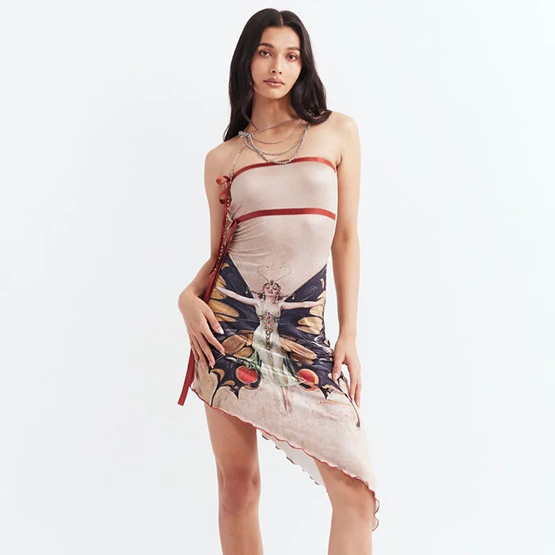 SKMY Butterfly Print Irregular Strapless And Backless Sexy Dress For Women'S Summer New Style