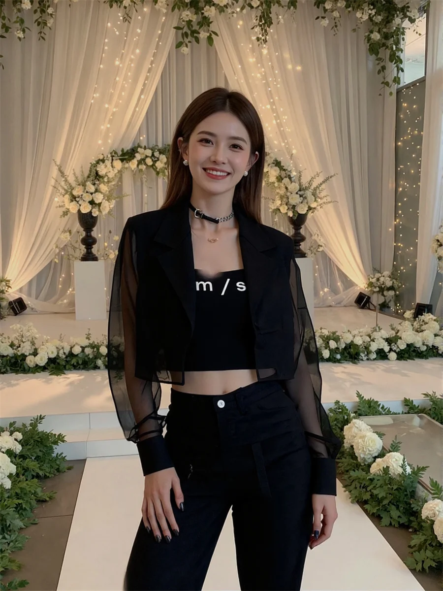 Blazer court transparent résistant au soleil avec fente au dos, vêtements élégants pour femmes, motif Extra-long plissé, doré, solide, carrière