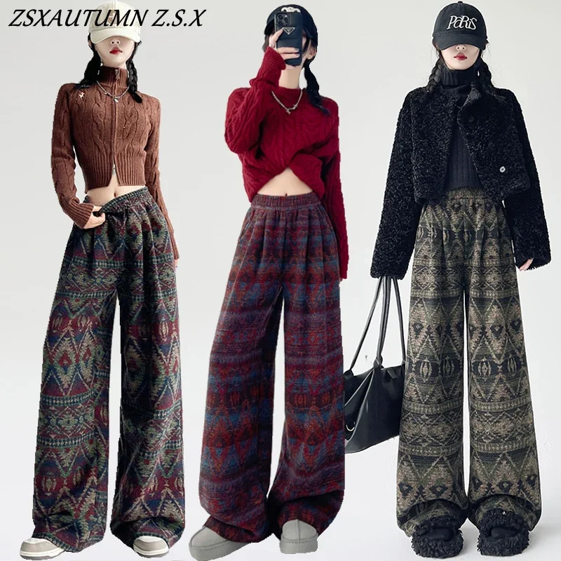 National Style Retro Wide-leg Pants High Waist Straight Pants Women Casual Warm Sports Fashion Trousers Female Autumn and Winter