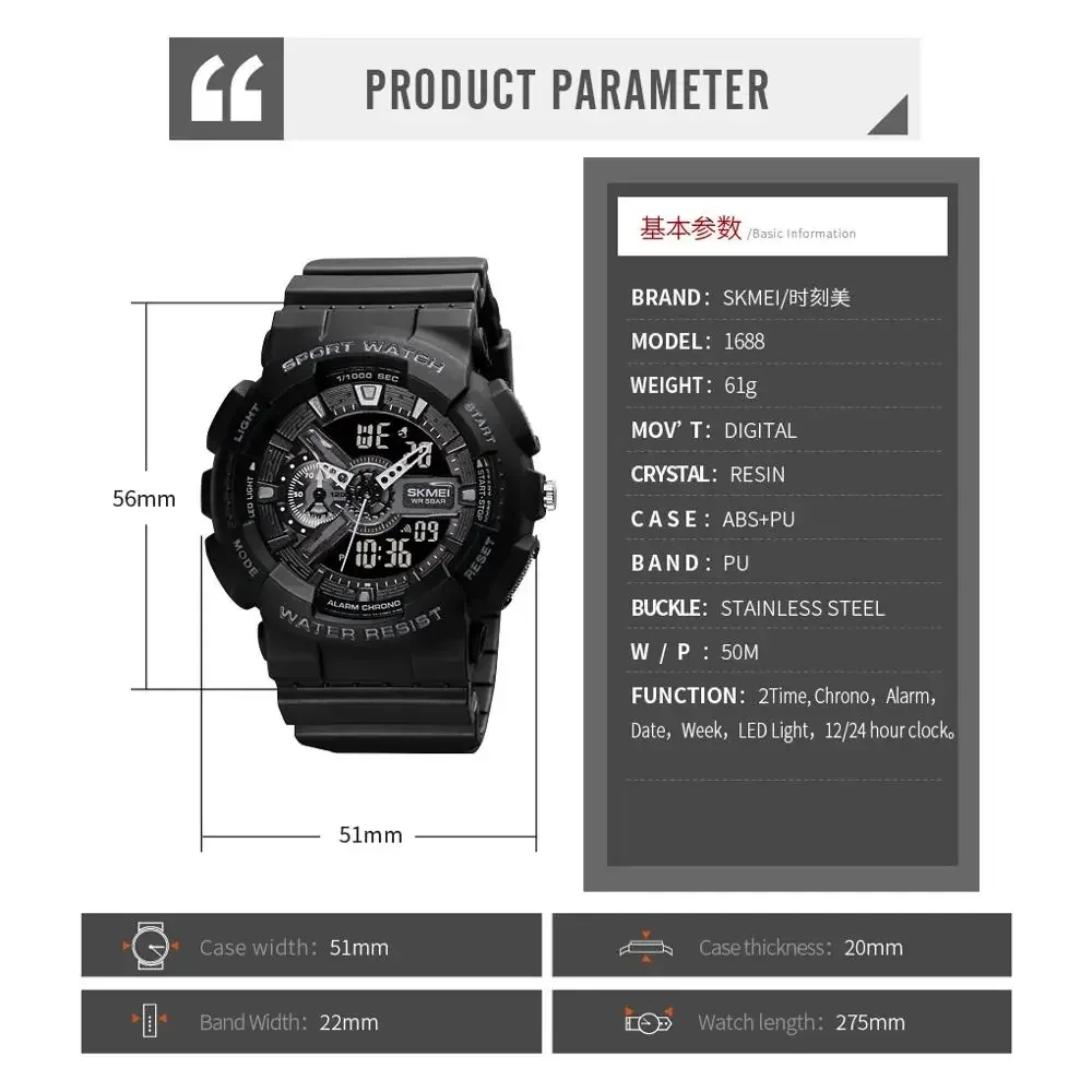 SKMEI 1688 Dual Display Man Wristwatches LED Chrono Alarm Clock Mens Watches Sports Digital Watch for Men Shockproof Waterproof