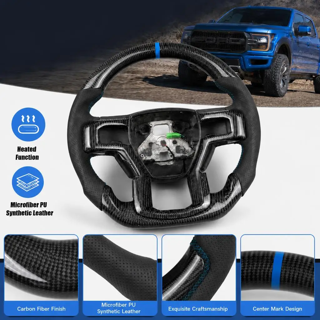 Heated Real Carbon Fiber Steering Wheel with Blue Stripe for Ford F150 Raptor 2015-2020 Perforated Leather Microfiber PU Synthetic Leather