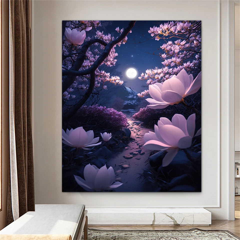 Pink Magnolia DIY 5D Diamond Painting Crafts Kit Moon Flower Landscape Full Drill Diamond Embroidery Mosaic Cross Stitch Decor