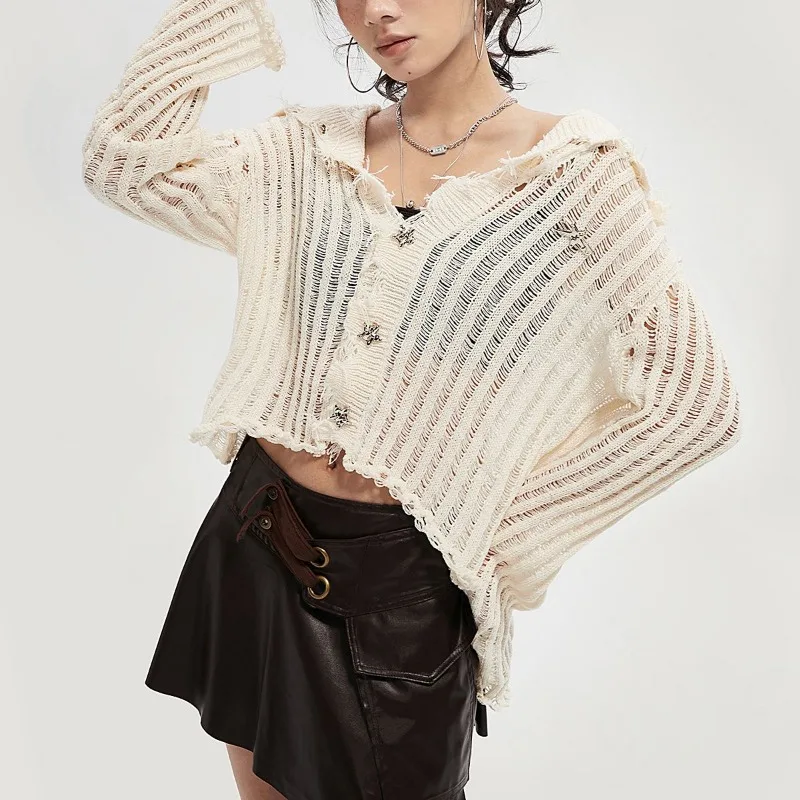 

Deeptown Vintage Y2K Cardigan White Crop Knit Hollow Out Women's Sweater Slim Spring Korean Fashion Knitwear Streetwear Gyaru