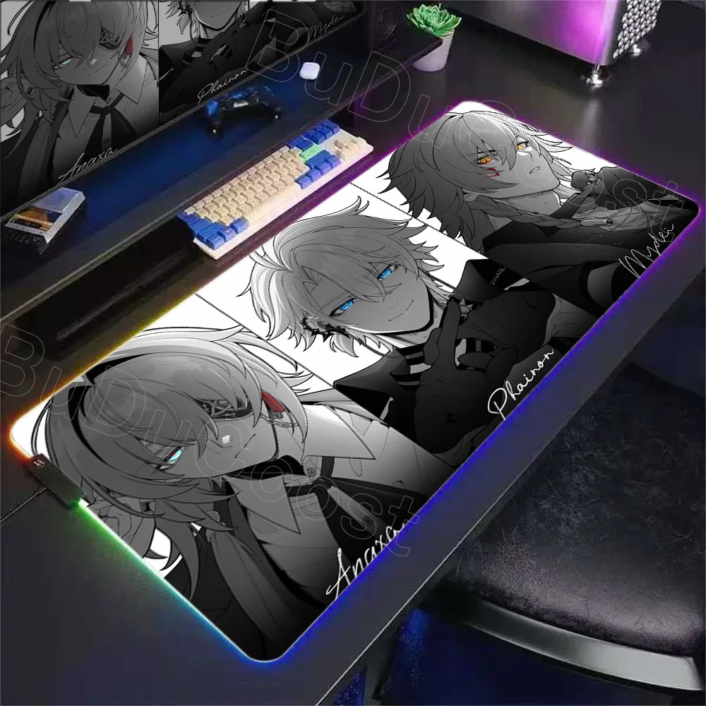 Nova chegada honkai star rail phainon rgb mouse pad led tapetes de mesa de jogos 900x400mm gamer grande luz mousepads pc computador tapete