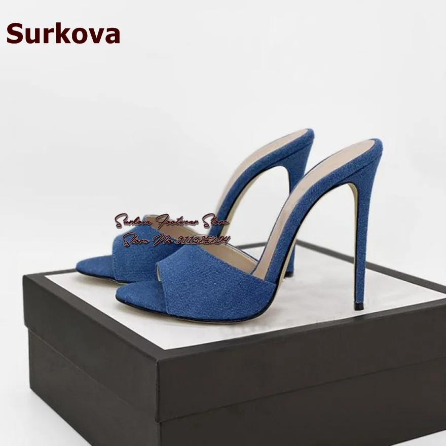 Surkova Gold Snakeskin Stiletto Heel Modern Slippers Open Toe Slip-On Python Gladiator Sandals Blue Denim Zebra Dress Shoes