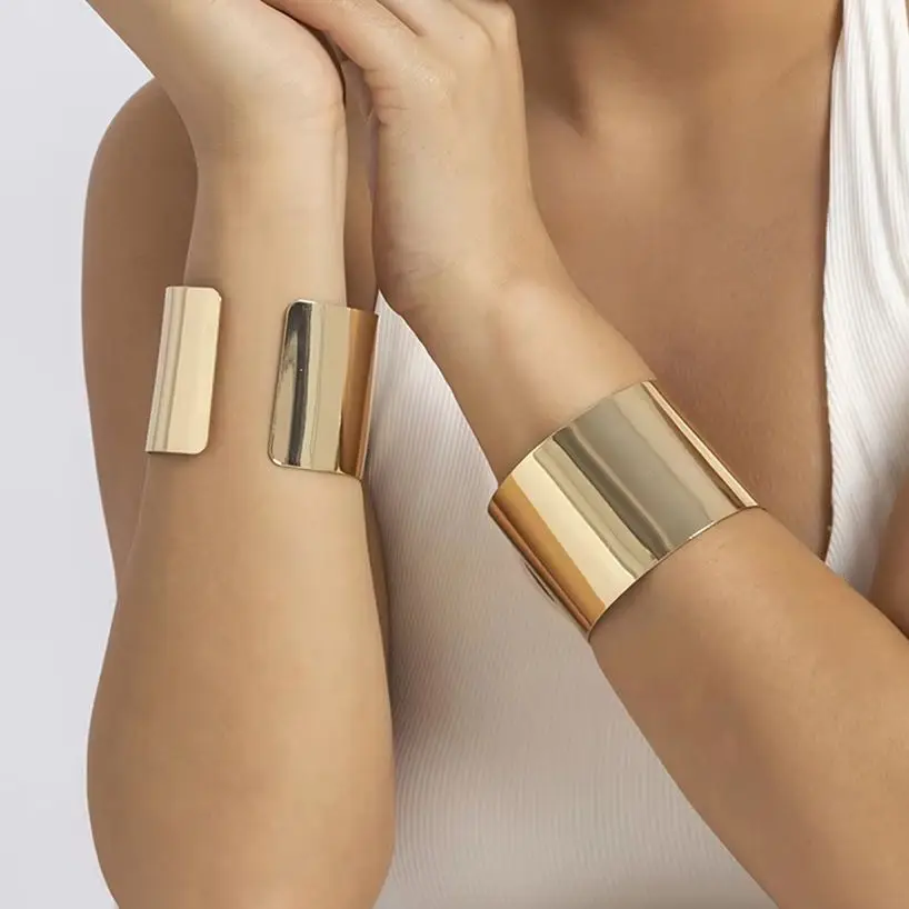 Lacteo Gold Color Smooth Wide Cuff Bracelets Simple Open Big Bangles for Female Women Charm Jewelry Fashion Punk Party Gifts New