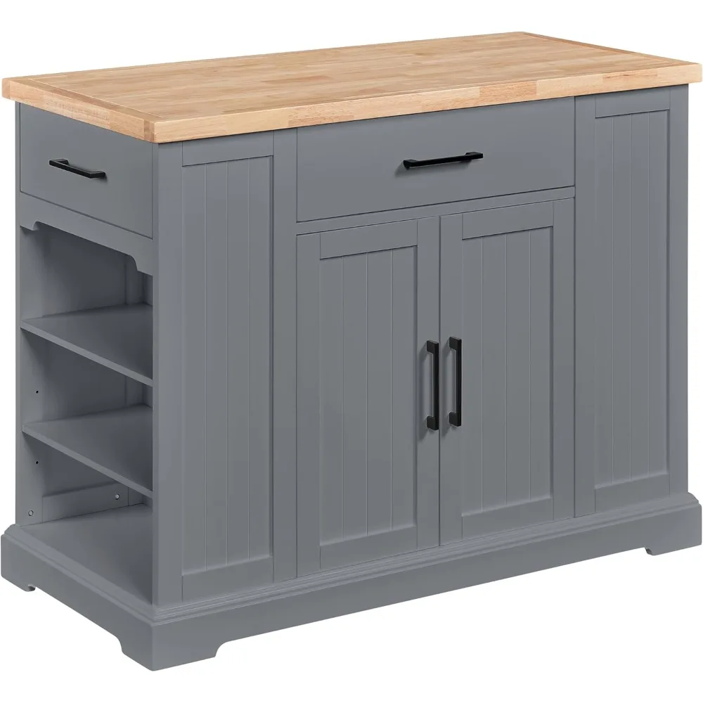 

Rolling kitchen island with thick rubberwood countertop, kitchen cart on hidden wheels, with 3 drawers and open shelves