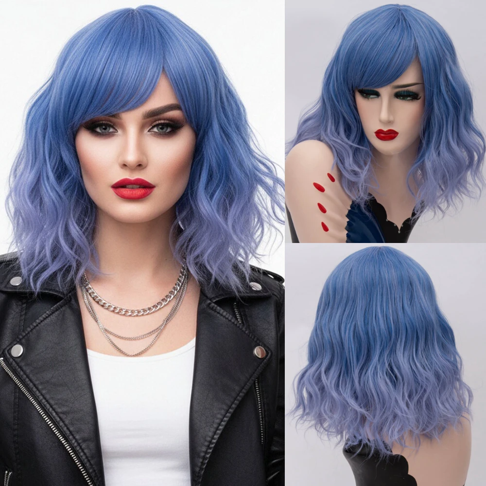 Women’s Heat Resistant Short Wavy Blue Bob Wig With Side Bang Synthetic Hair Perfect for Cosplay Casual Party Looks