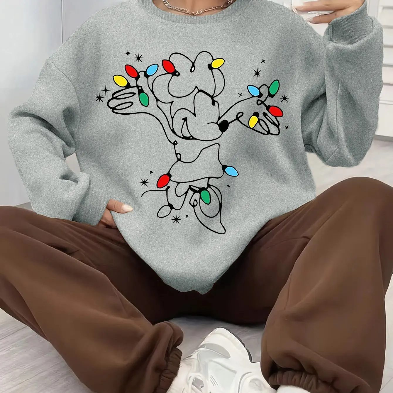 

Женский рождественский пуловер с Минни Маус Диснея, модный свитер унисекс с круглым вырезом, осенне-зимний флисовый повседневный свитер
