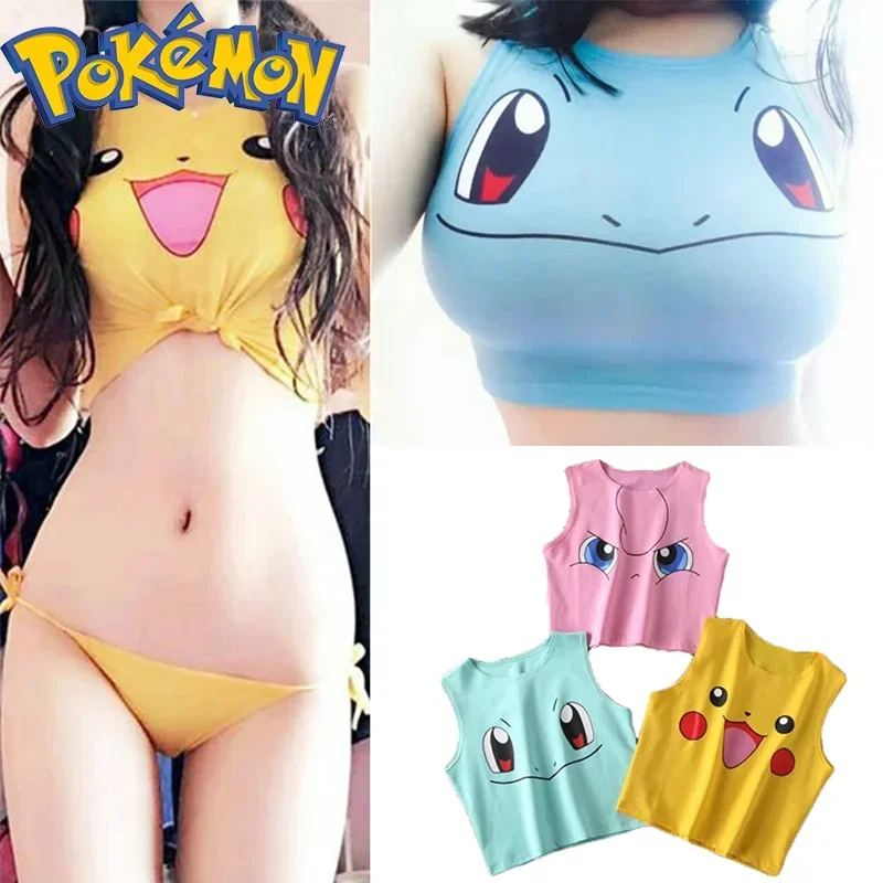 Summer Sexy Girls Cosplay Costume Anime Pikachu Crop Tops Shirt Print Tank Tops Colorful Sleeveless Tee Vest Gifts