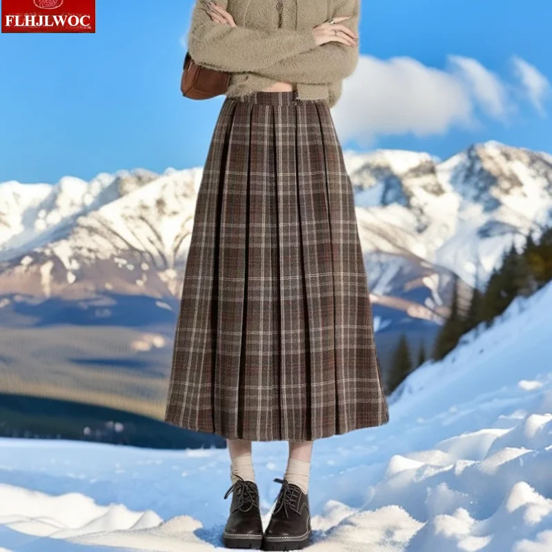 التنانير الصوفية موضة جديدة 2025 أساسيات الخريف الشتاء امرأة لطيف الفتيات الحلو اليابان نمط Preppy ريترو خمر تنورة طويلة منقوشة