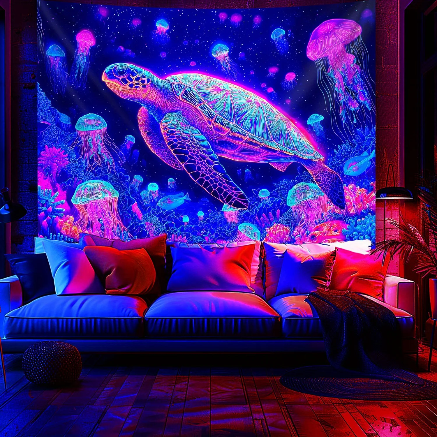 1pc Marine Sea Turtles/Jellyfish/Coral-Glow In The UV Light Banner Tapestry/Large Size Peach Skin Fluorescent Printing Tapestry/