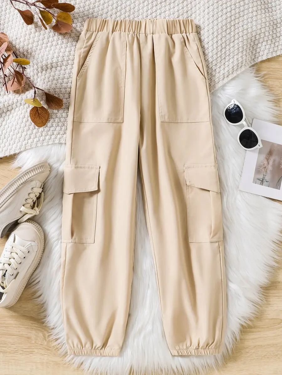 

Бежевые джоггеры-карго для детей - эластичный пояс и манжеты, повседневный уличный стиль