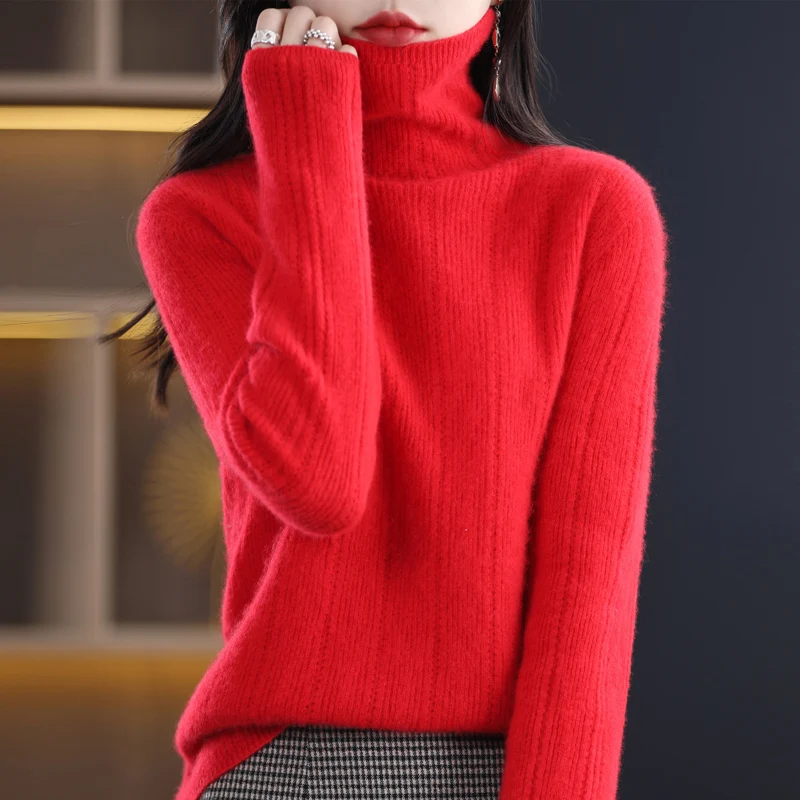 Autumn Winter New 100% Merino Pure Wool Stacked Collar Women\'s Hollow Out Sweater High Style Long Sleeve Lined Readymade Garment