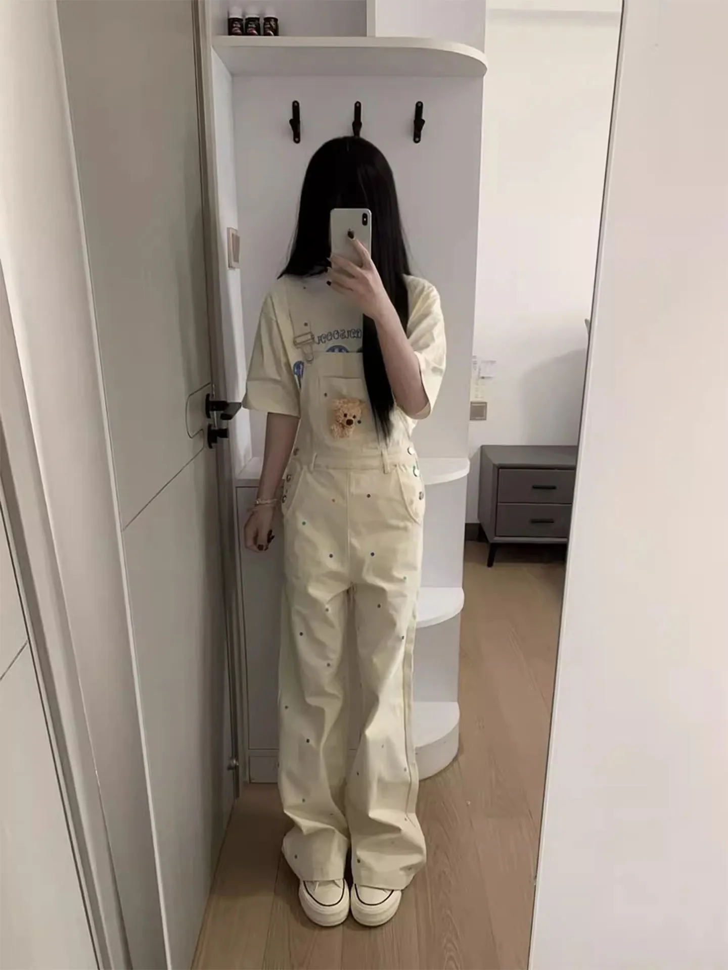 かわいいクマの水玉模様ストレートレッグオーバーオール女性夏ドパネルーズカジュアル小さいサイズ多用途ワンジーパンツ