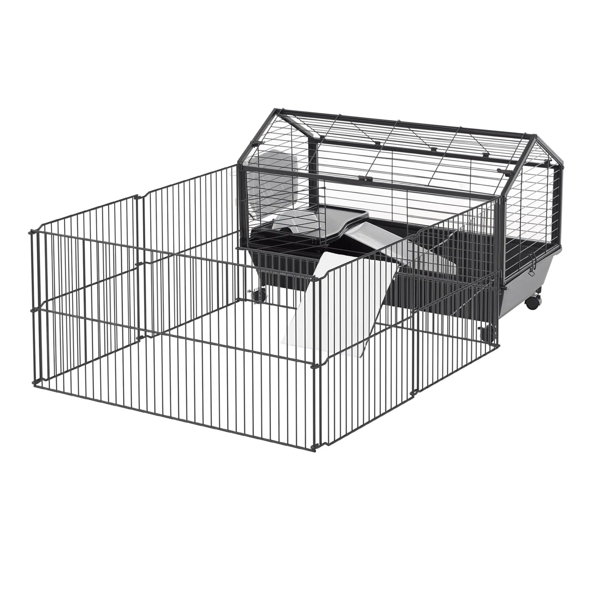 Small Animal Cage with Foldable Run Area, Rolling Bunny Cage, Guinea Pig Cage, Hedgehog Cage with Water Bottle, Water