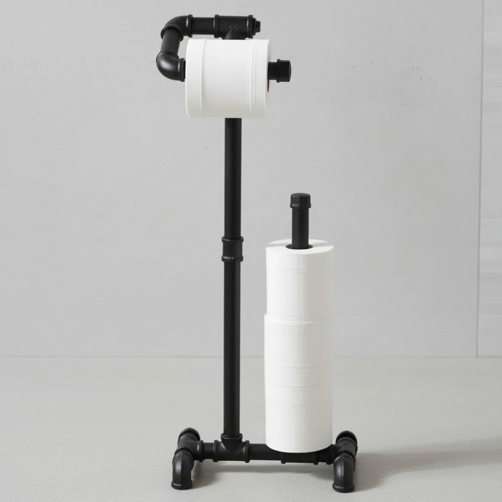 

Rustic Toilet Paper Holder with Reserve, Farmhouse Bathroom Storage Stand Industrial Pipe Design Black