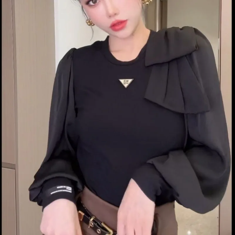 

Bottoming Autumn and Winter Bottoming French Ruffle Patchwork Shirt Women's Clothing Retro Top