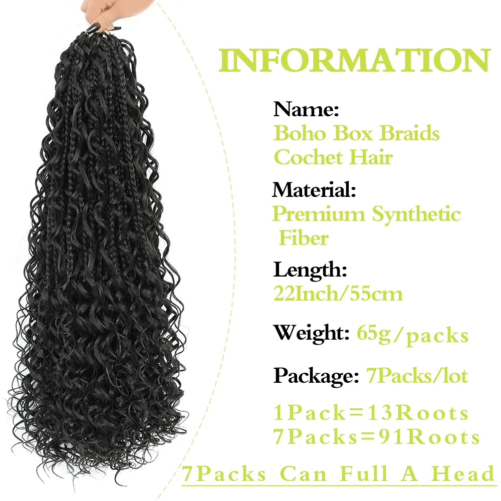 1/7 Packs Goddess Box Braids 10-24Inch Pre-looped Boho Box Braids With Curly Ends 3X Crochet Braids Hair Synthetic Braiding Hair