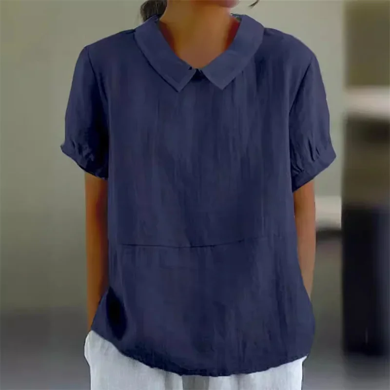 Pulôver de linho de algodão feminino monocromático, blusa de manga curta, blusa feminina confortável casual estilo simples, verão 2024