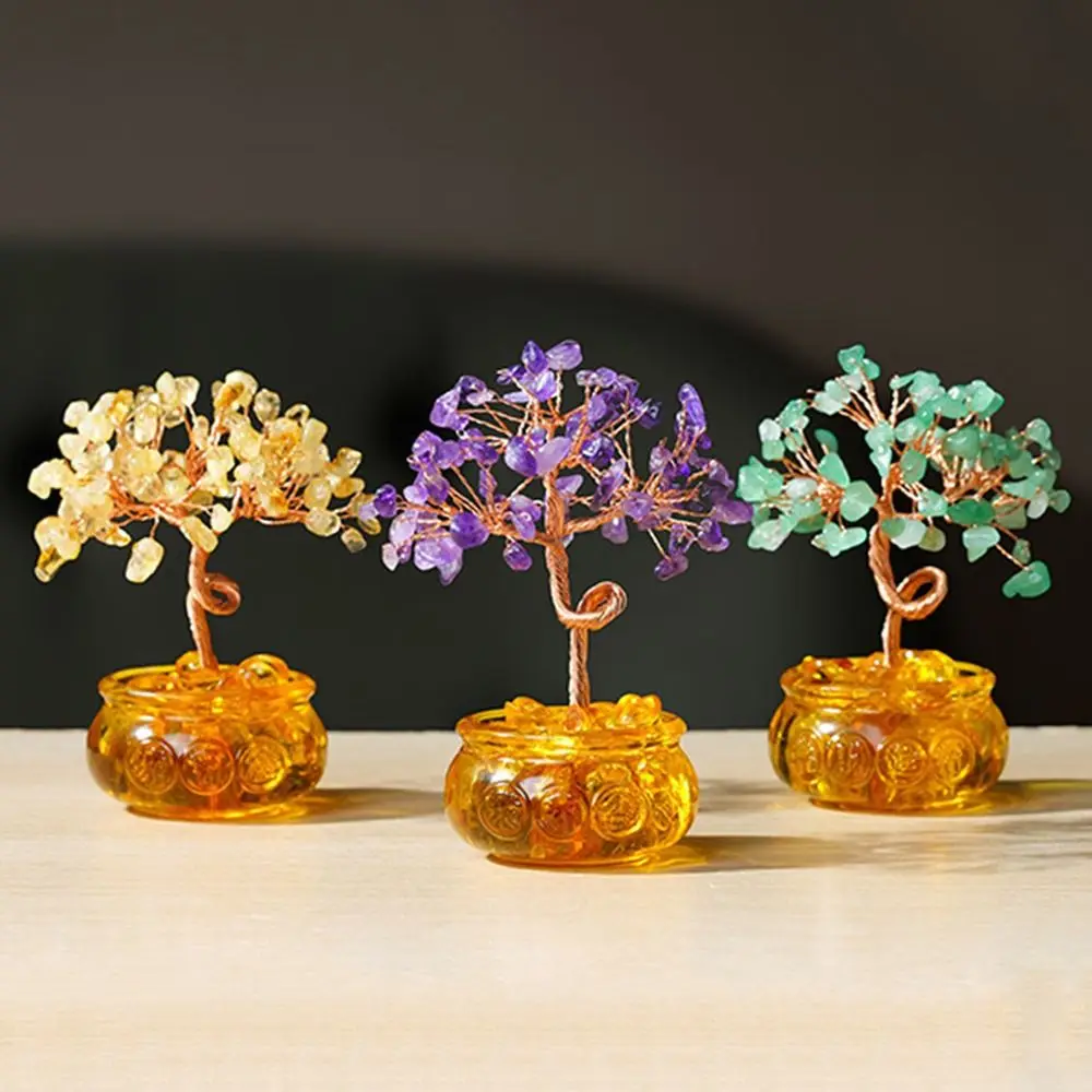 

Creative Natural Crystal Tree Copper Wire Multicolor Fortune Tree Figurine with Base Crystal Stone Luck Figurine Home Decor