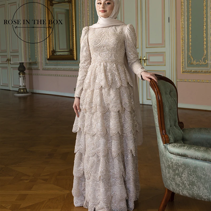

ROSEINTHEBOX Heavy Beaded Dubai Luxury Evening Dresses 2025 Floor Length Tiered Elegant Prom Dresses Formal Gown Customized