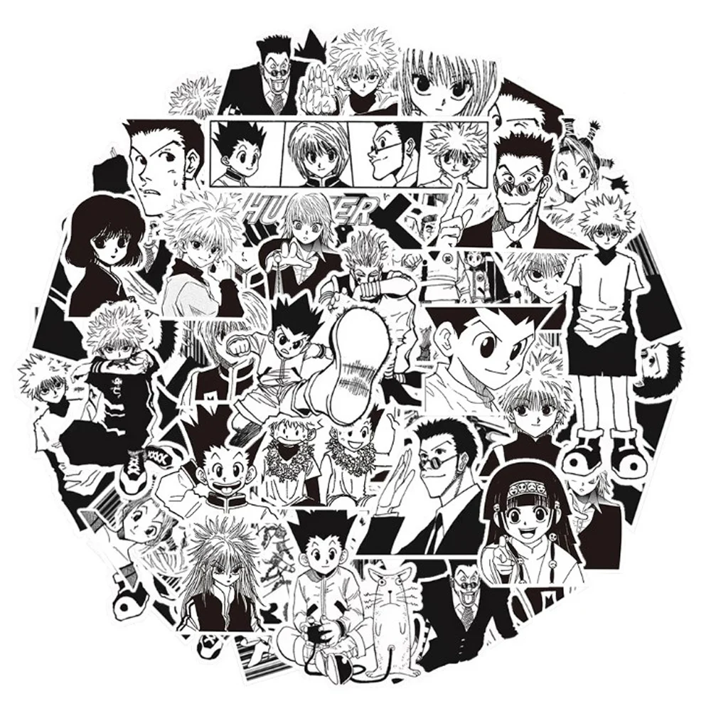 Autocollants de dessin animé Hunter × Hunter, décalcomanies graffiti manga cool, noir et blanc, bricolage, téléphone, ordinateur portable, planche à roulettes, 10 pièces, 30 pièces, 70 pièces