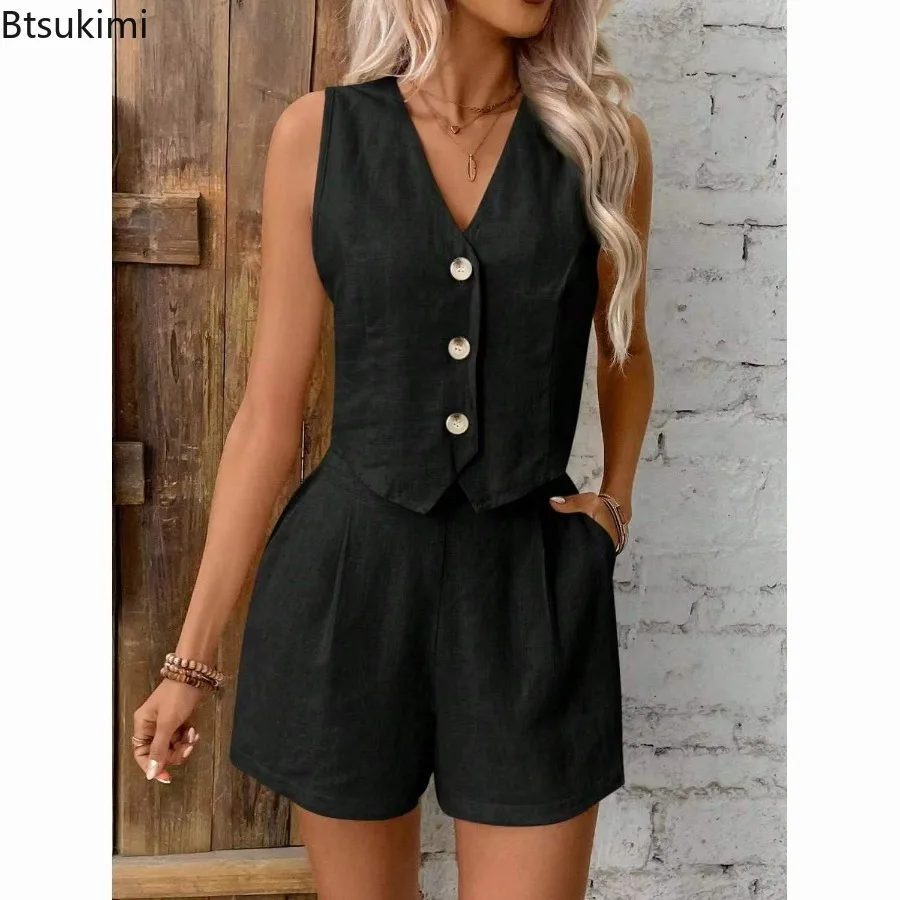 2026 Women's Solid Casual Two Piece Sets Fashion Sexy V-neck Sleeveless Vest Tops and Shorts Suit Women Summer Cotton Linen Sets - Image 4