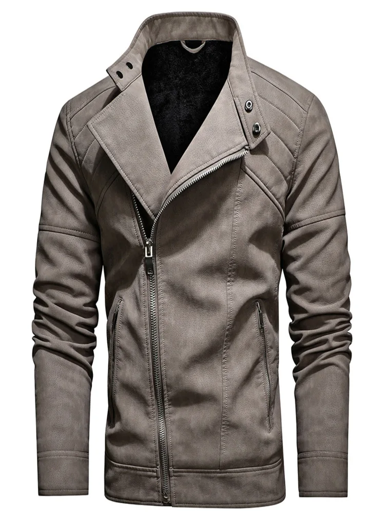 

Military Leather Jacket Men Winter Fleece Warm Diagonal Zipper Motorcycle Coats Mens Fashion New Biker PU Jackets Slim Overcoat