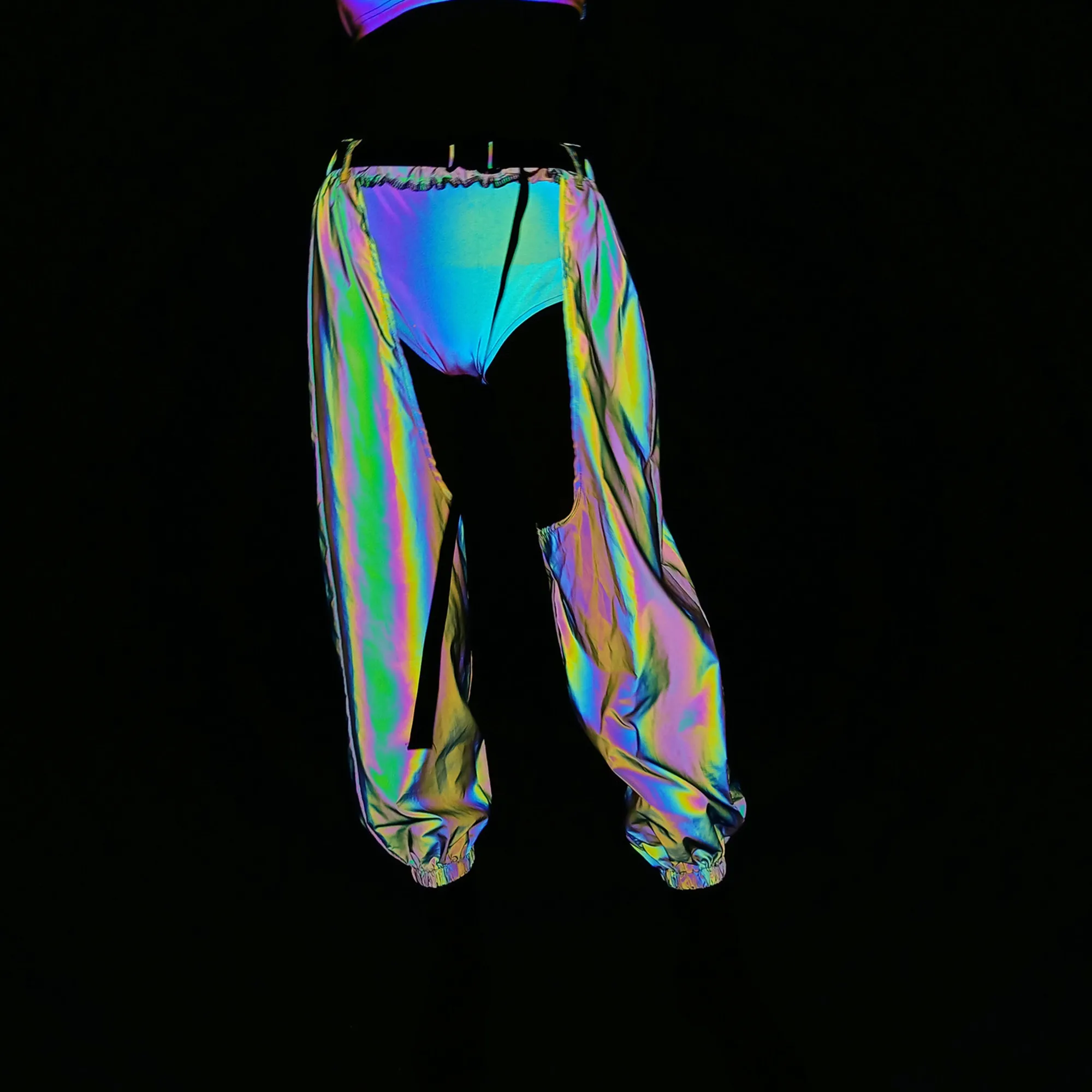 Holographic Women Reflective Rainbow Geometric Colorful Hip Hop Sexy Cargo Pants Casual Rave Outfit Concert Casual Overalls