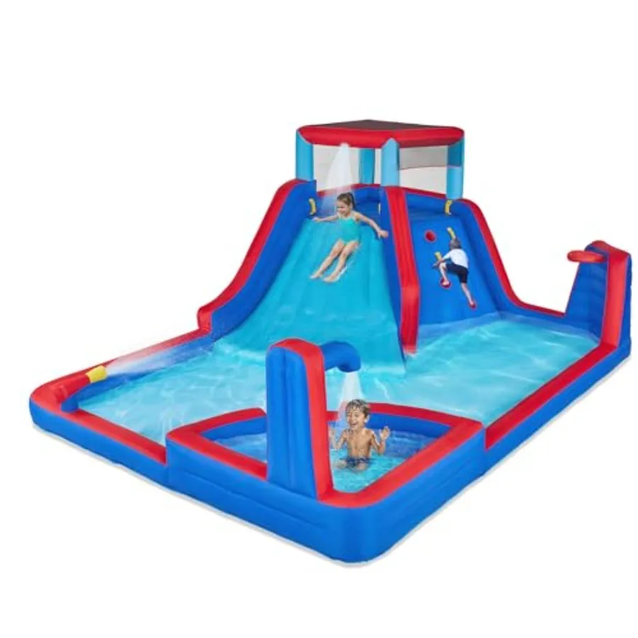 

Four Corner Inflatable Water Slide Park Heavy-Duty PVC Blue Yellow Outdoor climbing wall slide with deep pool quick setup inclu