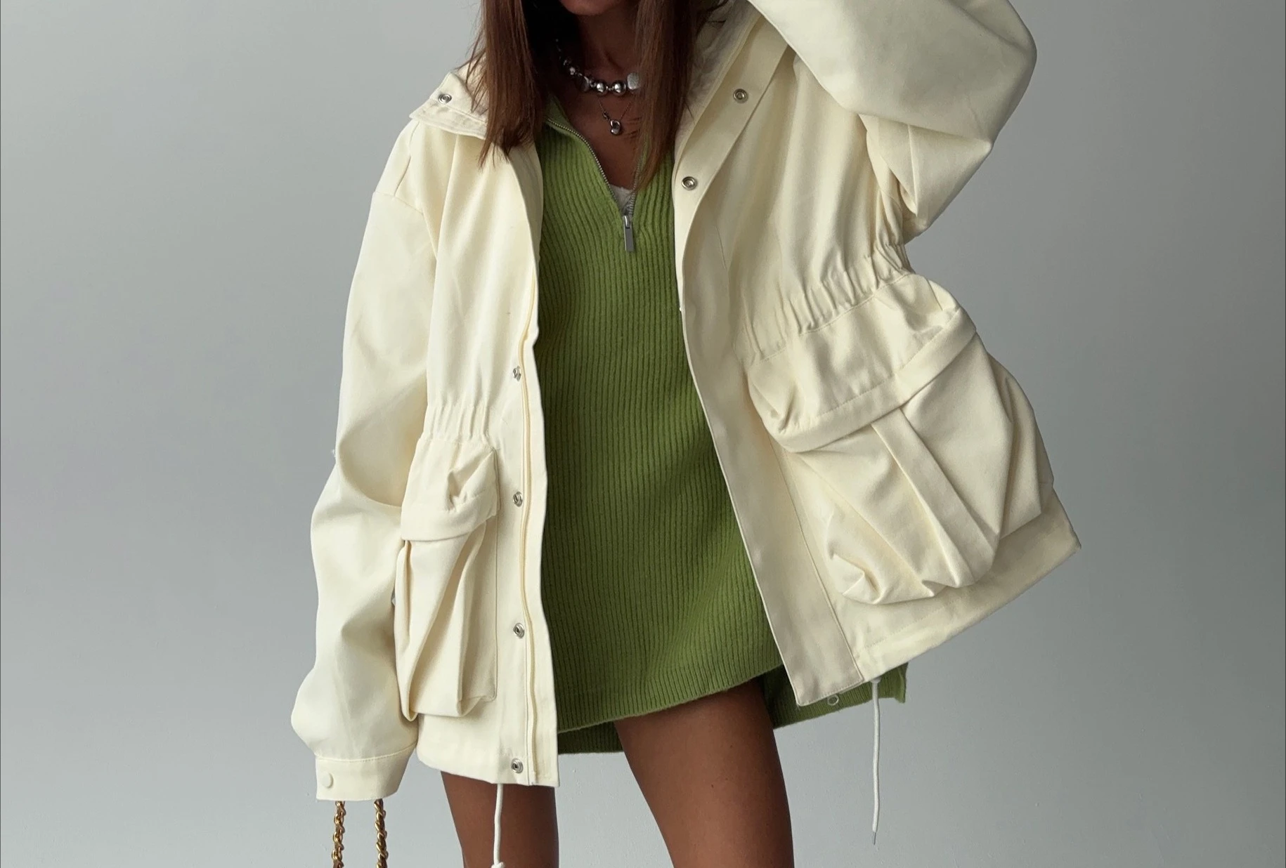 

2025 Solid Color Waist Cinching Workwear Windproof Jacket with Drawstring Adjustable Waist and Loose Zipper