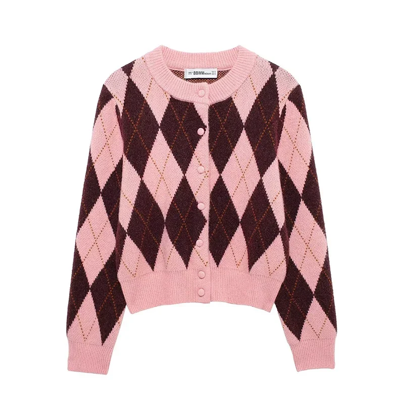 

Women Fashion Plaid Single Breasted Knitted Sweater Vintage O-Neck Long Sleeves Female Chic Lady Outfits