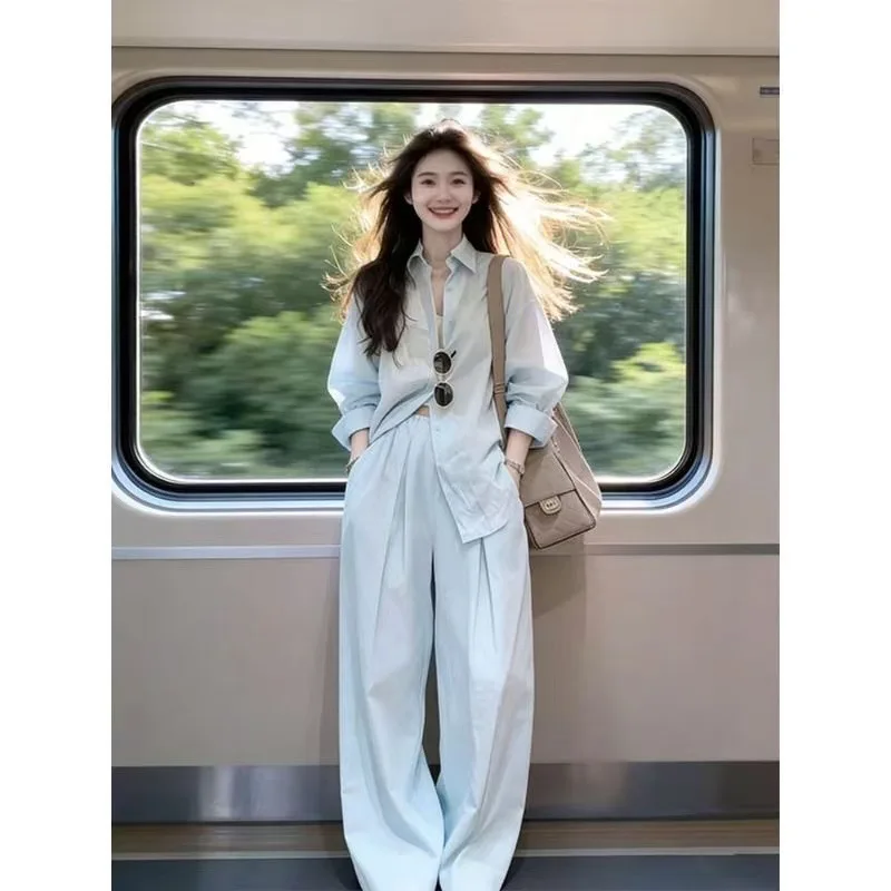 A Complete Set Of Ice Silk Linen Shirt Wide-Leg Pants Two-Piece Outfit For Women, Breathable Summer Sun Protection Clothing,